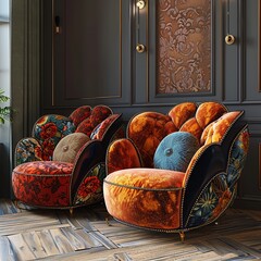 Art Deco Glamour Four luxurious art decostyle chairs, each with a different rich hue and geometric patterns, adding a touch of glamour to a room 8K , high-resolution, ultra HD,up32K HD