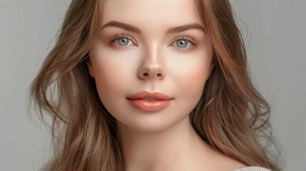 Fototapeta premium Portrait of a young woman isolated on a light background. Skin care. Beautiful female model with perfectly clean fresh skin. Natural beauty and cosmetology concept
