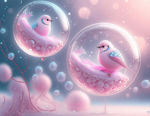 The bird is perched on a cloud and surrounded by bubbles, giving the image a lighthearted and whimsical feel.
