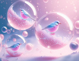 The bird is perched on a cloud and surrounded by bubbles, giving the image a lighthearted and whimsical feel.
