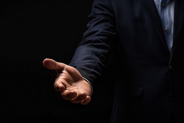 Businessman holding out his hand on black background