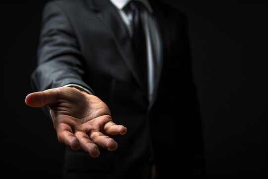 Businessman holding out his hand on black background