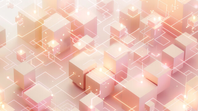 An image composed of soft pastel pink and cream colors, illustrating the gentle flow of information through a decentralized blockchain network. 