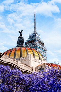 Mexico City, Mexico- March 25 2024: view of the palace of fine arts and the Latin tower in spring with jacarandas.