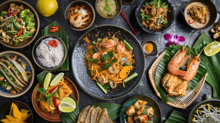 A vibrant spread of Thai street food delicacies, from pad Thai to mango sticky rice, showcasing the rich flavors of Thai cuisine.