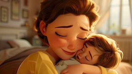 A mother tenderly holds her baby in a warm embrace on a cozy bed, radiating love and happiness, cartoon