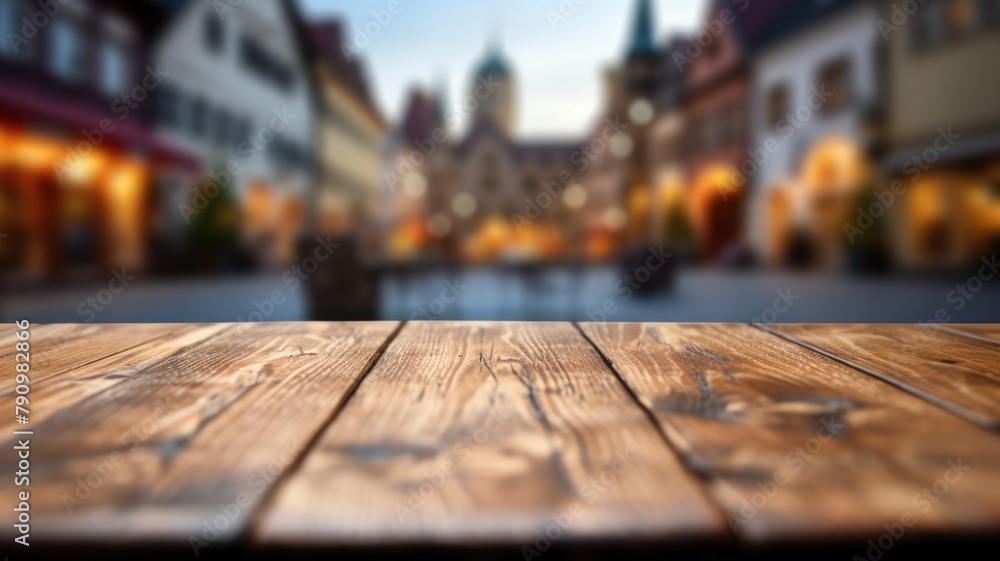 Poster the empty wooden table top with blur background of town square. exuberant image. generative ai