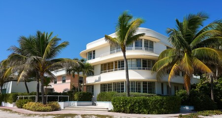 Fototapeta na wymiar Art Deco beach club exterior with streamlined architecture and tropical landscaping