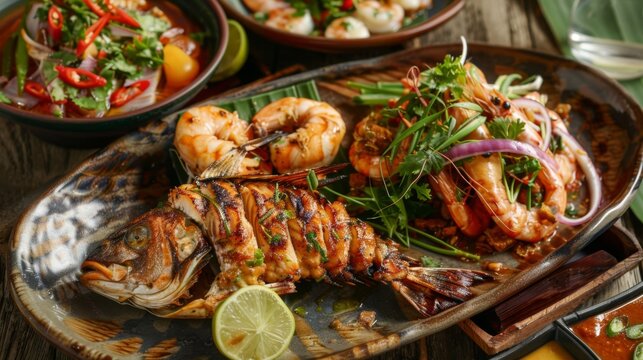 A vibrant Thai seafood platter featuring grilled prawns, steamed fish with lime and chili, and spicy seafood salad, a coastal delicacy.