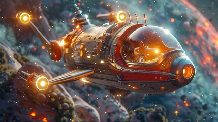 Futuristic orange spaceship with expressive eyes navigating through a meteor shower