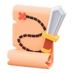 3D rendered adventure game icon with sword and scroll