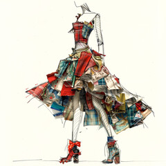 Fototapeta na wymiar Avant-Garde Fashion Illustration with Fabric Collage.
