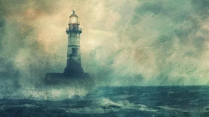  A vintage lighthouse standing tall against stormy seas, guiding ships safely through treacherous waters with its beacon of light. © Plaifah