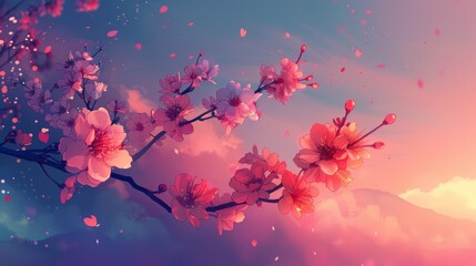 Stunning close-up of cherry blossoms with dew drops, vibrant pink and orange hues - obrazy, fototapety, plakaty