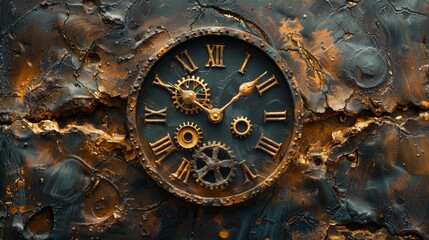 Artistic interpretation of time with bronze gears and black backdrop
