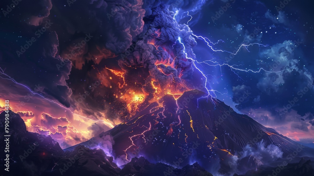 Poster A volcanic lightning storm illuminating the night sky above an erupting volcano, adding an electrifying element to the fiery display.