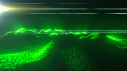 Green energy magic digital futuristic waves with light rays lines and energy particles. Abstract background