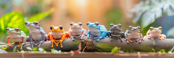 A group of different frogs are sitting on a log, wild nature outdoor background, wide panoramic banner with copy space. - Powered by Adobe