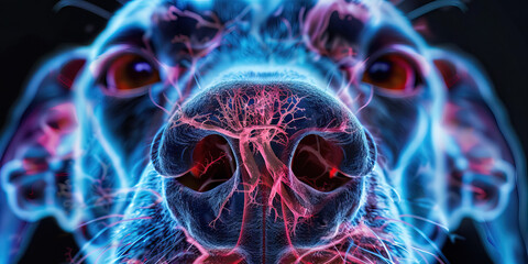 Canine Distemper: The Nasal Discharge and Fever - Visualize a dog with highlighted respiratory system showing viral infection, experiencing nasal discharge and fever - obrazy, fototapety, plakaty