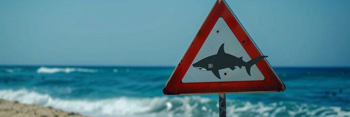 A red and white beware of shark sign on the sea sand beach. Insurance case risk.