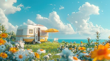 Vintage Camper in Sunny Flower Field - 790985090