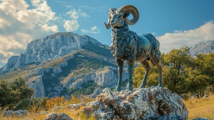 Sculpture of a ram against the backdrop of a mountainous area