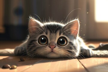 Purring Pal A 2D cartoonstyle illustration of a small kitten resting on the floor, its eyes sparkling with curiosity and playfulness, feeling safe and content in its happy place 8K , high-resolution,  - obrazy, fototapety, plakaty