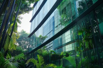 Sustainable green glass office building integrated with natural elements in modern city