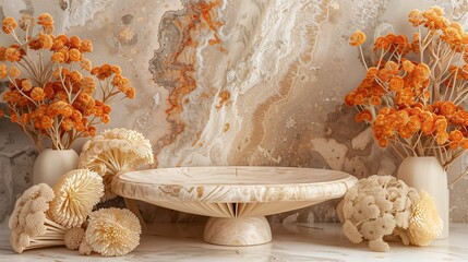 Beautiful organic podium like a mushroom, marble mineral and dry flowers background. Product display showcase.