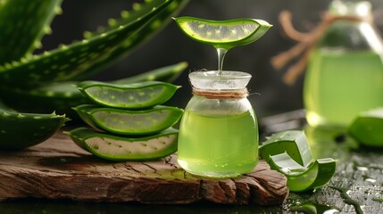Close up Aloe vera juicy slices and gels in the small bottle, skincare organic cosmetics natural product.