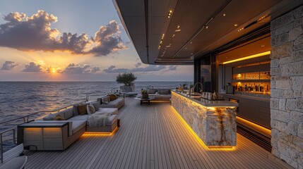 Stone bar, against the backdrop of teak flooring and the evening sky