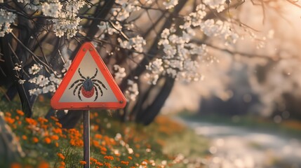 Beware of Ticks triangle warning sign, risk of Encephalitis Virus or Lyme Borreliosis disease. Spring blossom outdoor background. Insurance case brochure template.