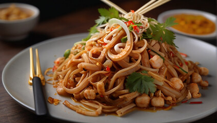 Big portion of Pad Thai meal, Thai style noodles, served on the plate on the restaurant table