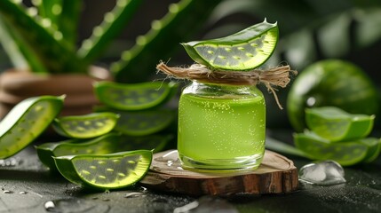 Close up Aloe vera juicy slices and gels in the small bottle, skincare organic cosmetics natural product.