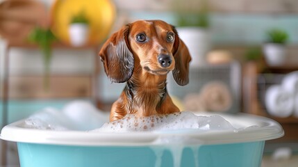 Funny Dachshund dog sitting in a bathtub with foam bubbles, bathing time.
