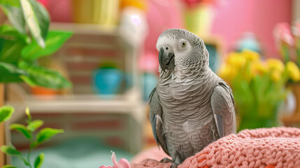 Fototapeta premium Funny grey parrot in a cozy living room interior with plants. Indoor background.