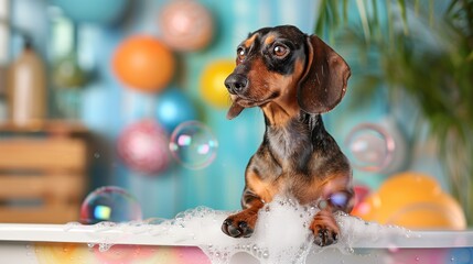 Funny Dachshund dog sitting in a bathtub with foam bubbles, bathing time.