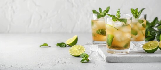 Mojito cocktail in highball glasses on a white concrete table, featuring rum, spearmint, lime juice, soda water, and ice.