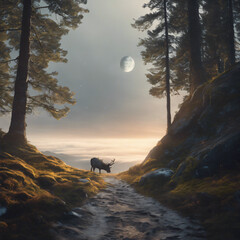 Majestic Deer Under Moonlight: Enchanted Forest Path at Dusk