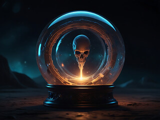 A hauntingly shimmering crystal orb, pulsating with otherworldly energy, casts an eerie glow. This supernatural artifact, depicting scenes of forgotten planets and ancient civilizations, skull - obrazy, fototapety, plakaty