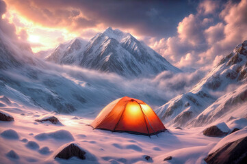 An orange tent glows in the snowy night in front of a snow-covered mountain.
