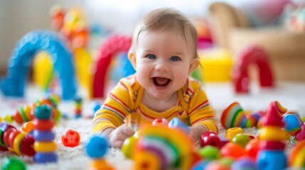 Fototapeta na wymiar Adorable baby giggling while playing with colorful toys, their innocent joy captured in a heartwarming moment.