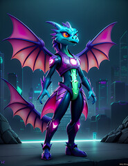 A synthwave dragon in a neon-lit cityscape: sleek, metallic, with holographic scales and neon eyes. High fashion photo captures its ethereal beauty, animated