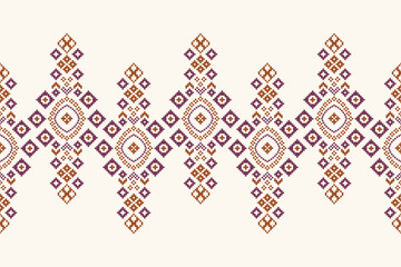 Traditional ethnic motifs ikat geometric fabric pattern cross stitch.Ikat embroidery Ethnic oriental Pixel brown cream background. Abstract,vector,illustration. Texture,scarf,decoration,wallpaper.