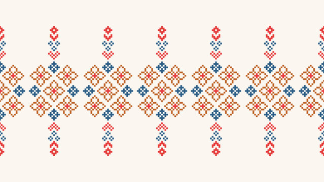 Traditional ethnic motifs ikat geometric fabric pattern cross stitch.Ikat embroidery Ethnic oriental Pixel brown cream background. Abstract,vector,illustration. Texture,scarf,decoration,wallpaper.