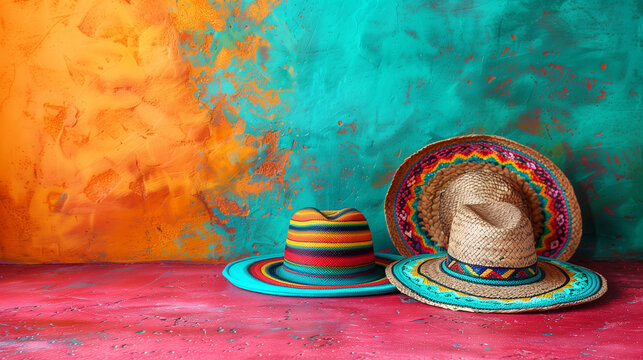 Colorful sombreros on a splattered paint backdrop.