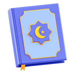 3D rendered blue Al Quran with Islamic symbols