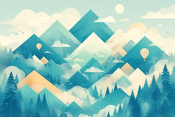 illustration of hot air balloons floating above green mountains, with simple shapes and lines