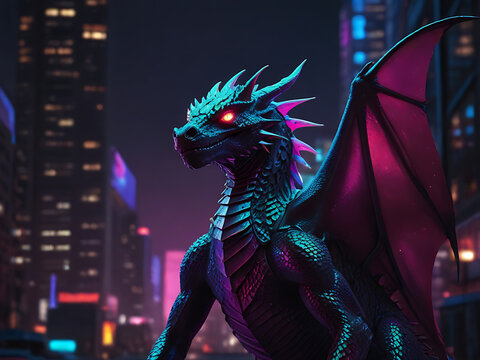 A synthwave dragon in a neon-lit cityscape: sleek, metallic, with holographic scales and neon eyes. High fashion photo captures its ethereal beauty, eyes