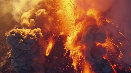 Aerial footage of a volcanic eruption from a drone's perspective, capturing the magnitude and scale of the explosive event.